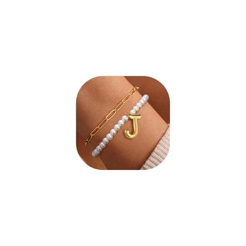 Turandoss Pearl Bubble Initial Bracelets for Women