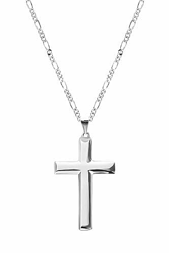 Gerojery Men's 925 Sterling Silver Cross Necklace with Strong Figaro Chain, 14.8g, 22+2 Inches