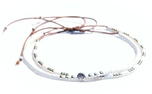 Tribes Plus Size White & Silver Boho Beaded Anklet, Large Adjustable, Handmade