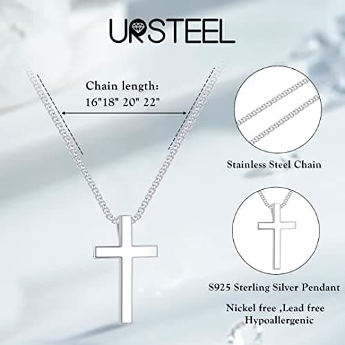 Men's 925 Sterling Silver Cross Pendant Necklace with 18K Gold and Stainless Steel Chain
