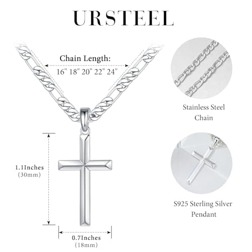 Ursteel S925 Sterling Silver Cross Necklace for Men and Women