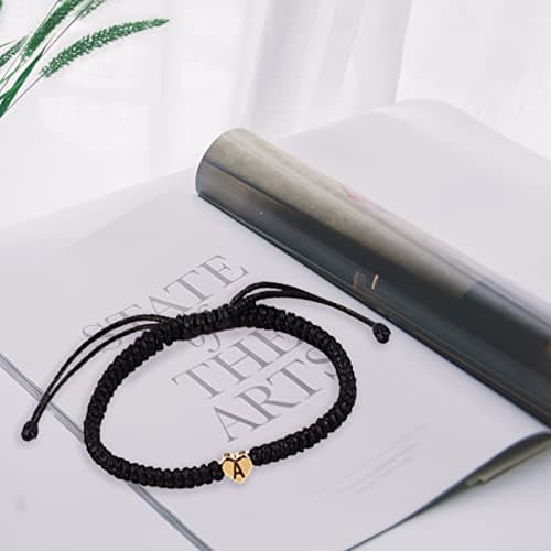 YouDRN Adjustable Letter Bracelets A-Z Heart Friendship Gifts for Mom Valentine's Day (Black)