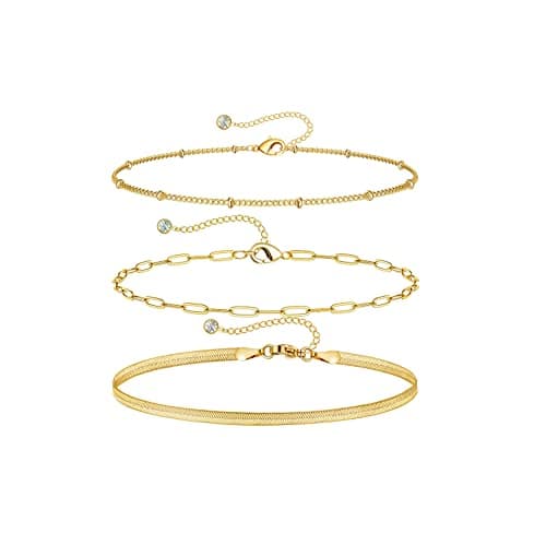 DEARMAY 14K Gold Plated Dainty Ankle Bracelets Set - Waterproof Herringbone Cuban Chain Pack