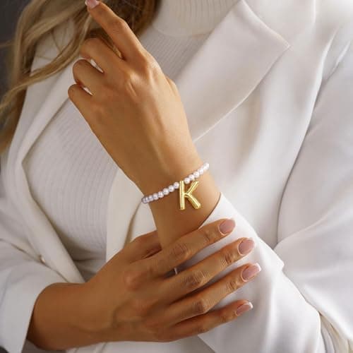 Turandoss Pearl Bubble Initial Bracelets for Women