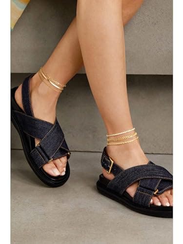 DEARMAY 14K Gold Plated Dainty Ankle Bracelets Set - Waterproof Herringbone Cuban Chain Pack
