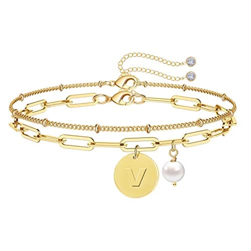 Personalized Initial Bracelets for Women - 14K Gold Plated Layered Bracelet with Natural Pearl Beads