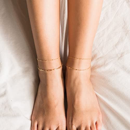 DEARMAY 14K Gold Plated Dainty Ankle Bracelets Set - Waterproof Herringbone Cuban Chain Pack