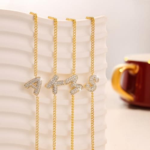 Women's 14K Gold Adjustable Bracelet with Cubic Zirconia Initial Letter