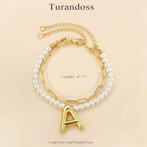 Turandoss Pearl Bubble Initial Bracelets for Women