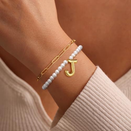 Turandoss Pearl Bubble Initial Bracelets for Women
