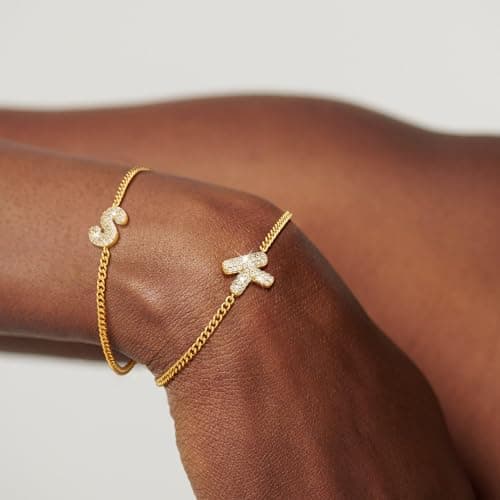 Women's 14K Gold Adjustable Bracelet with Cubic Zirconia Initial Letter