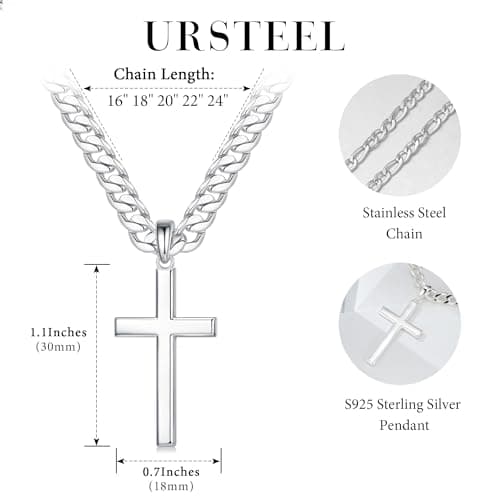 Ursteel 925 Sterling Silver Cross Necklace for Men & Women