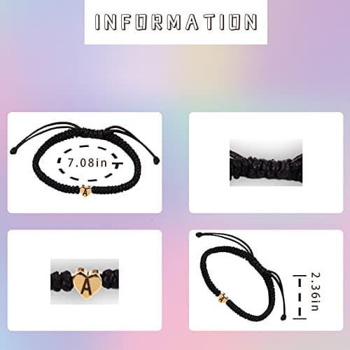 YouDRN Adjustable Letter Bracelets A-Z Heart Friendship Gifts for Mom Valentine's Day (Black)