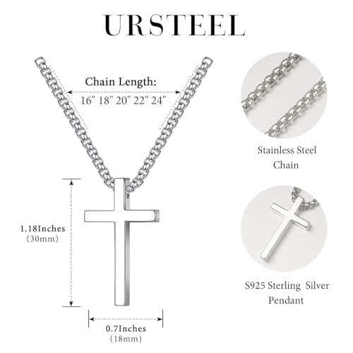 18K White Gold Plated Stainless Steel Cross Necklace for Men and Women