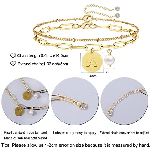 Personalized Initial Bracelets for Women - 14K Gold Plated Layered Bracelet with Natural Pearl Beads