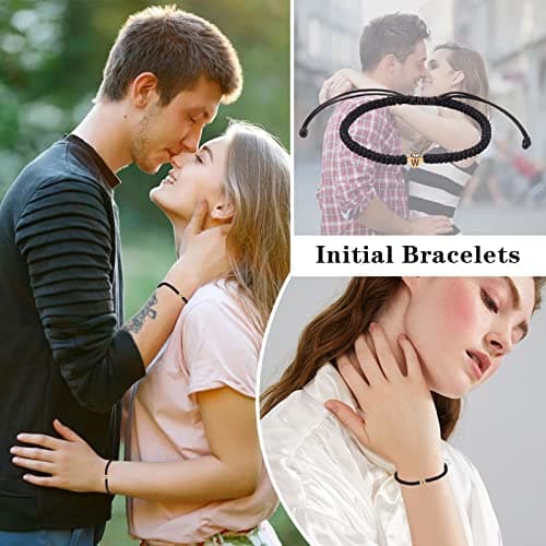 YouDRN Adjustable Letter Bracelets A-Z Heart Friendship Gifts for Mom Valentine's Day (Black)