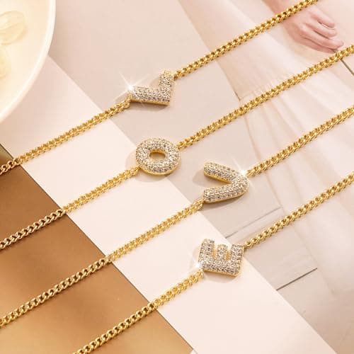 Women's 14K Gold Adjustable Bracelet with Cubic Zirconia Initial Letter