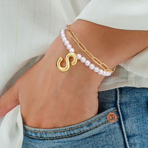 Turandoss Pearl Bubble Initial Bracelets for Women