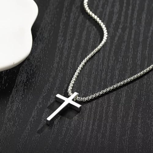 18K White Gold Plated Stainless Steel Cross Necklace for Men and Women