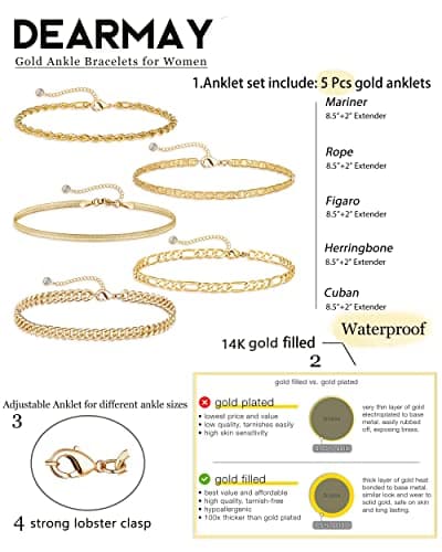 DEARMAY 14K Gold Plated Dainty Ankle Bracelets Set - Waterproof Herringbone Cuban Chain Pack