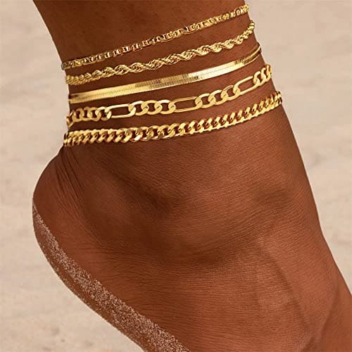 DEARMAY 14K Gold Plated Dainty Ankle Bracelets Set - Waterproof Herringbone Cuban Chain Pack