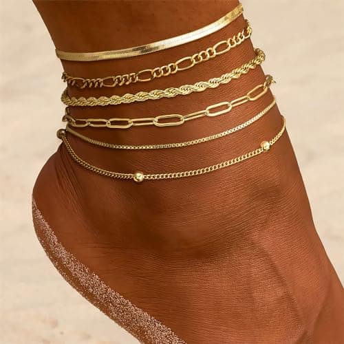 DEARMAY 14K Gold Plated Dainty Ankle Bracelets Set - Waterproof Herringbone Cuban Chain Pack