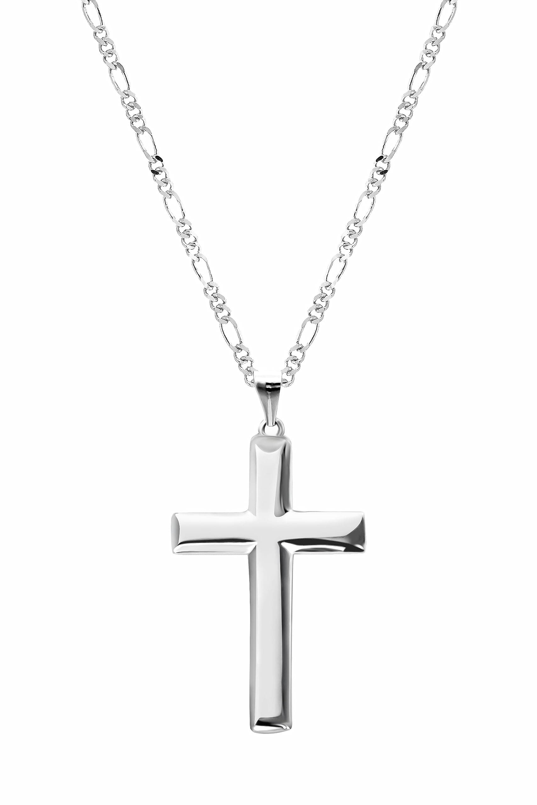 Gerojery Men's 925 Sterling Silver Cross Necklace with Strong Figaro Chain, 14.8g, 22+2 Inches
